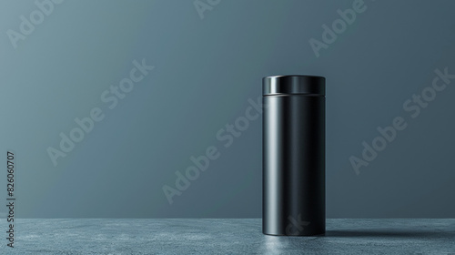 A black thermos sits on a countertop