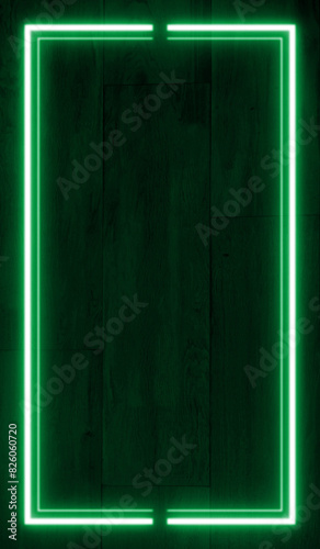 Dark wood wall background, green neon light and rectangle shape with vertical banner.