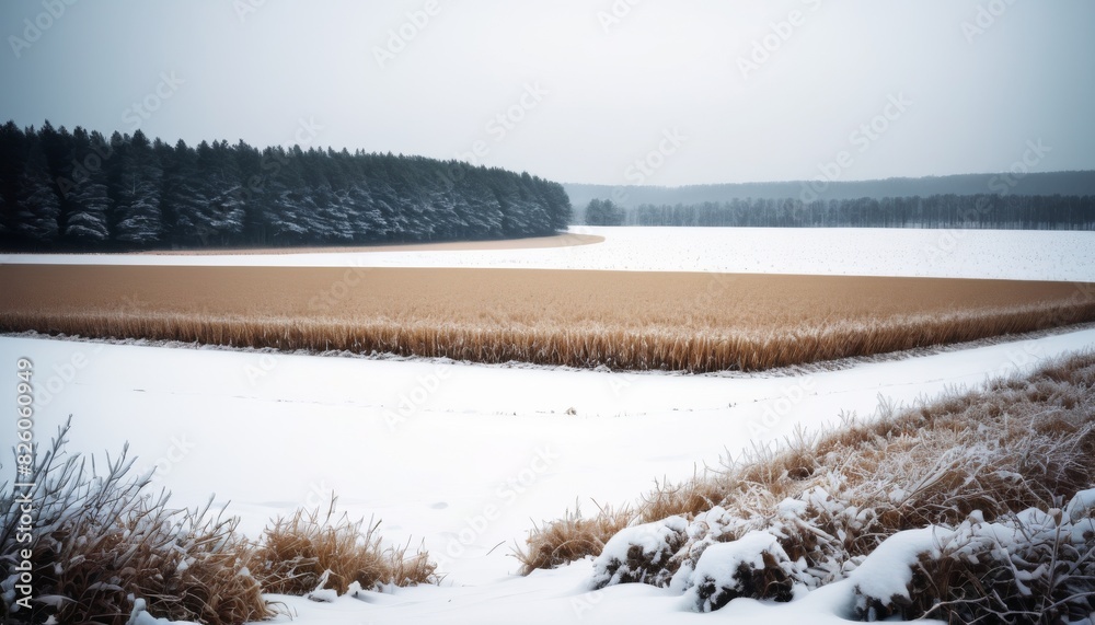 A serene winter scene with a blanket of snow covering the fields, contrasting with dark evergreens.. AI Generation A serene winter scene with a blanket of snow covering the fields, contrasting with dark evergreens.. AI Generation