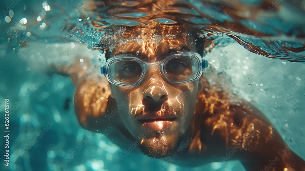 Naklejka premium Young man swimming the front crawl in a pool, taken underwater.