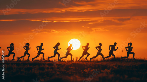 group of people running at sunset