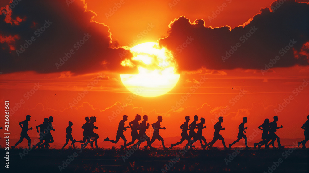 group of people running at sunset 