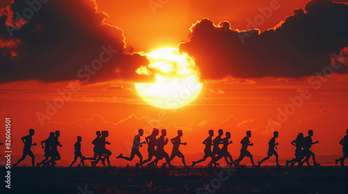 group of people running at sunset 