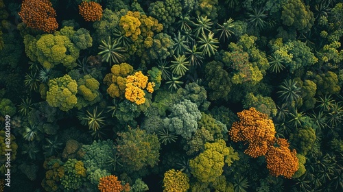 Aerial view of a lush green forest with vibrant trees in various shades of green and orange, showcasing nature's stunning colors and diversity.