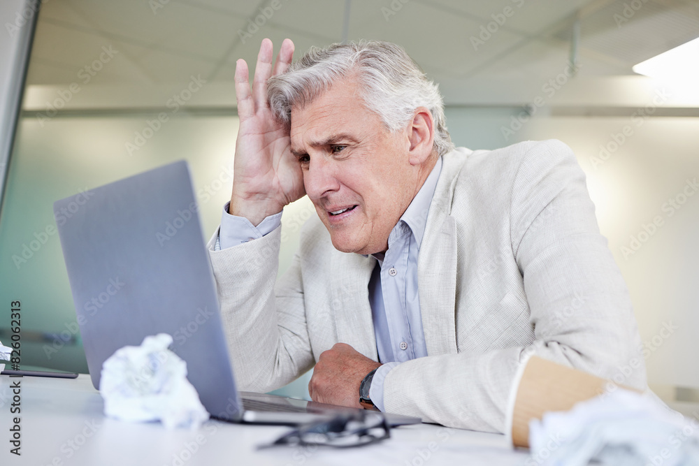 Mature, man and scared with stress on computer from online glitch, mistake or problem on internet. Delete, accident or businessman reading review on laptop and anxiety from taxes, debt or accounting Mature, man and scared with stress on computer from online glitch, mistake or problem on internet. Delete, accident or businessman reading review on laptop and anxiety from taxes, debt or accounting