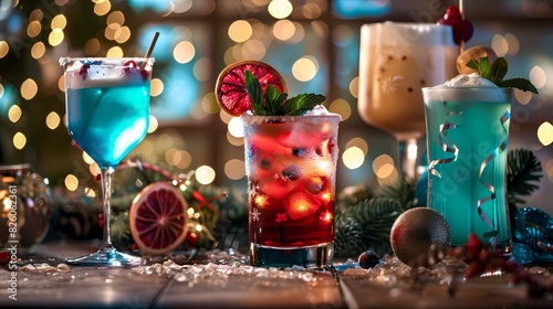 Colorful cocktail drinks garnished with teal-themed decorations, epitomizing festive spirit.