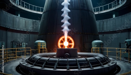 A vibrant industrial furnace glows with intense heat, emitting plumes of steam against a dark, moody backdrop of a heavy-duty plant.. AI Generation photo