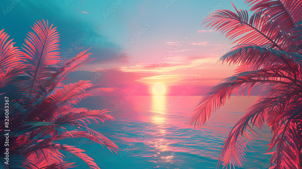 Create a vibrant and surreal landscape featuring a beach, palm trees, and a setting sun