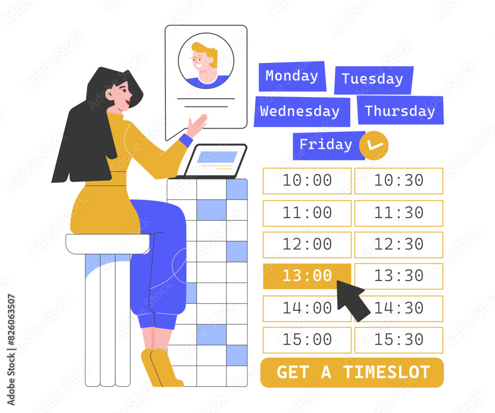 Selecting a time interval in the calendar. Making an appointment with a client, student, job candidate. Colleagues on a one-on-one online call. Schedule. Vector flat illustration. Selecting a time interval in the calendar. Making an appointment with a client, student, job candidate. Colleagues on a one-on-one online call. Schedule. Vector flat illustration.