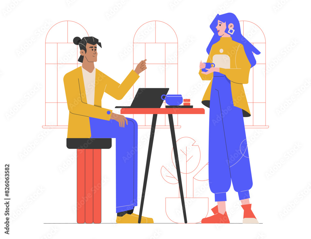 Colleagues communicate in the office. Co-workers are discussing the project and drinking coffee. The girl stands and holds a mug, the guy sits with a laptop. Young startup. Vector flat illustration. Colleagues communicate in the office. Co-workers are discussing the project and drinking coffee. The girl stands and holds a mug, the guy sits with a laptop. Young startup. Vector flat illustration.