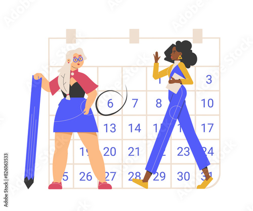 Female colleagues next to a giant calendar. One walks and waves welcomingly, the second holds a pencil. Selecting a date for a meeting, event reminder. Vector flat illustration.