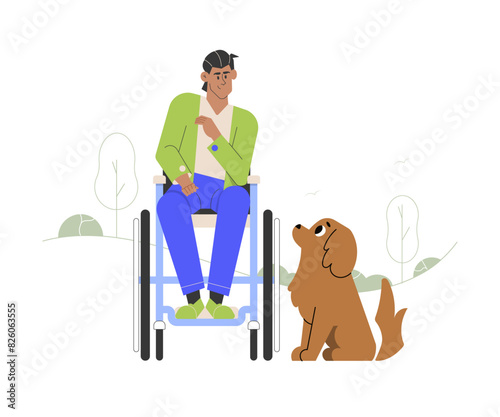 A handsome guy in a wheelchair and his dog are walking together in the park. Person with disability and pet assistant. Vector flat illustration.
