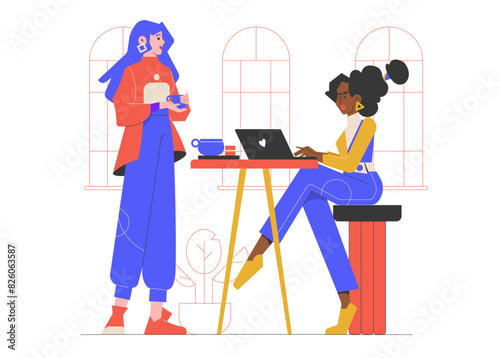 Colleagues communicate in the office. Co-workers are discussing the project and drinking coffee. One girl stands with a mug, the second sits with a laptop at her desk. Young startup. Vector flat