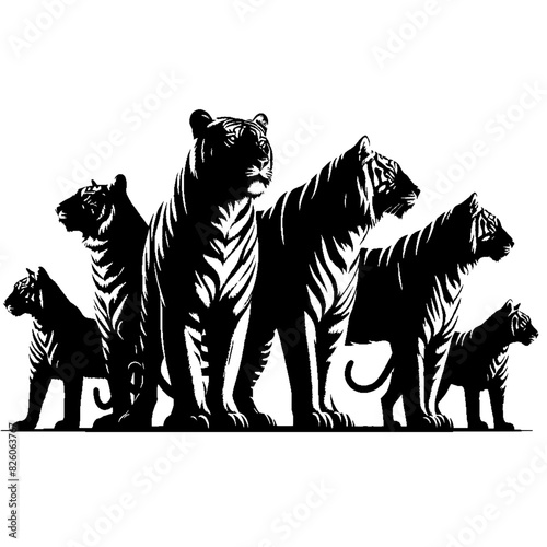 Silhouettes of a gang of tigers