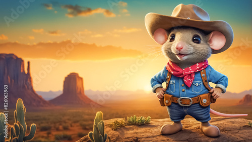 Cute mouse wearing a cowboy hat looking
