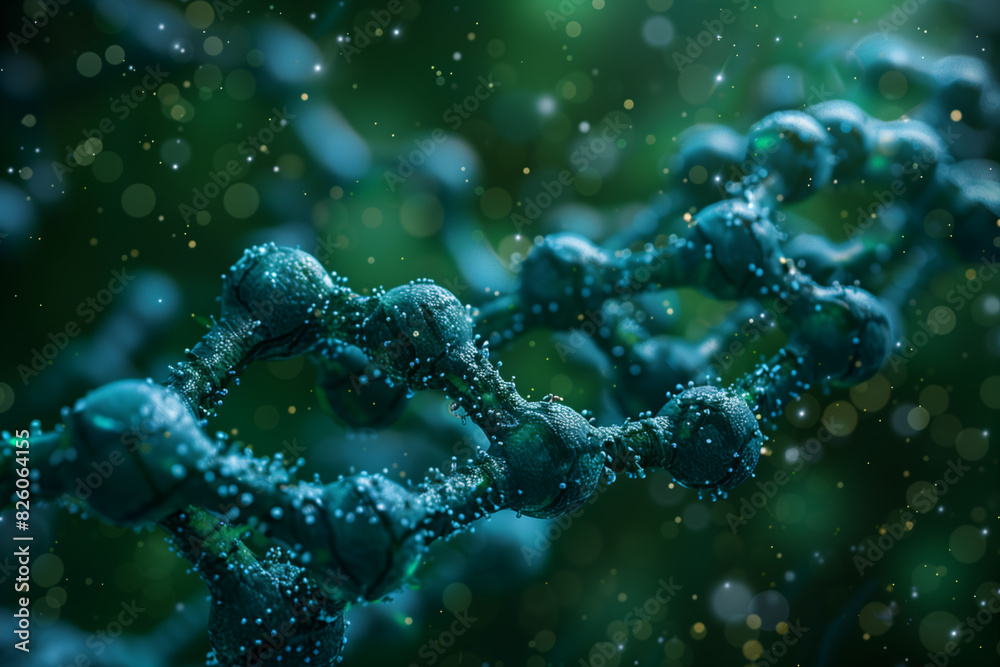 Close-up of organic molecules in a biological context with a green and blue color palette Close-up of organic molecules in a biological context with a green and blue color palette