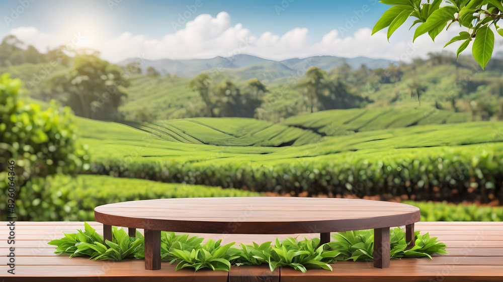 Circle wooden table top with blurred tea plantation landscape against blue sky and blurred green leaf frame Product display concept natural background, Generative AI
Circle wooden table top with blurred tea plantation landscape against blue sky and blurred green leaf frame Product display concept natural background, Generative AI