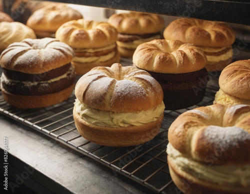Le marmellate fatte in casa sono ordinate su una mensola, perfette per accompagnare il pane fresco. photo