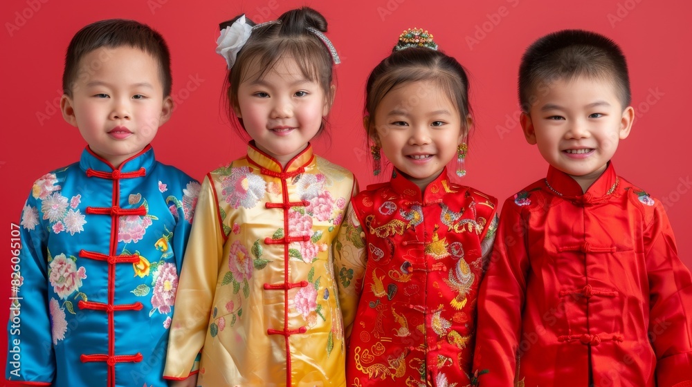 A diverse group of young children from China standing together in a bright studio A diverse group of young children from China standing together in a bright studio