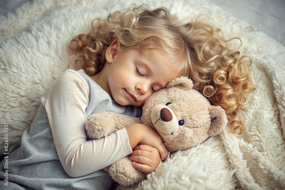 A little blonde girl with curly long blonde hair is sleeping in her bed, hugging a teddy bear.