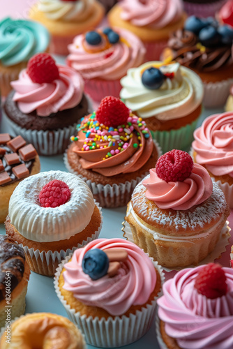 Close-Up of Gourmet Cupcakes with Swirled Frosting and Berries