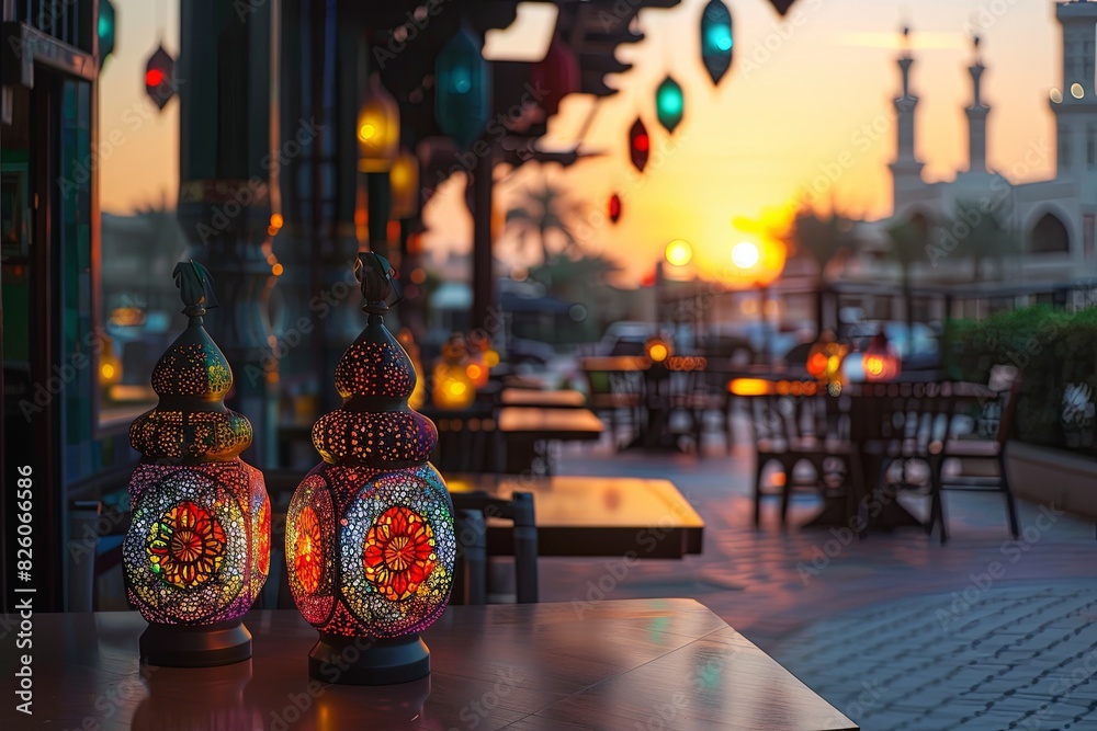 ramadan night decoration with lanterns and tables in outdoor restaurant, warm lights, mosque background
