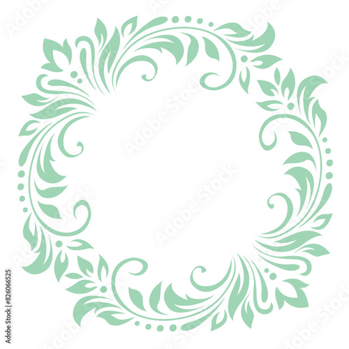 Round vintage frame, wreath, border of stylized leaves, flowers and curls. Retro, victorian style. Green lines on white background. Vector background, wallpaper, card
