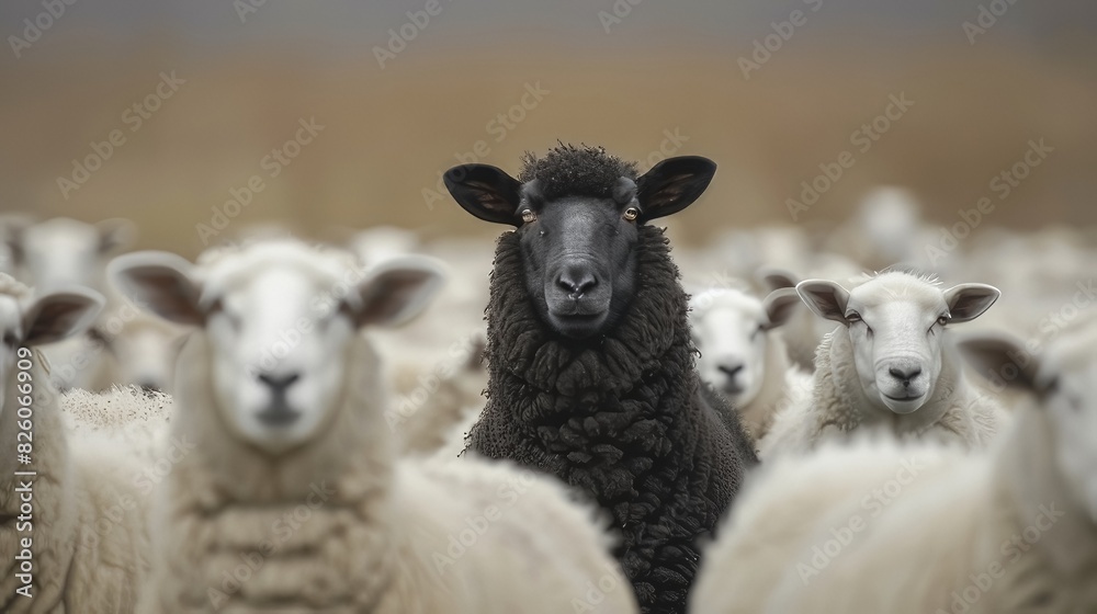 Fototapeta premium Being distinctive and unique, with its own identity and special abilities, sets one apart from the rest like a black sheep in a flock of white sheep, emerging as a leader 