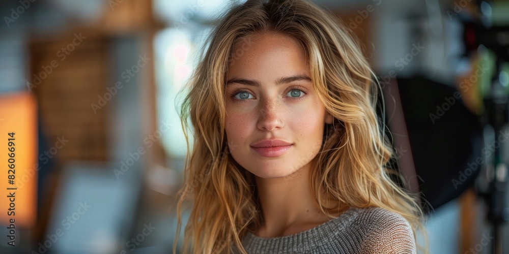 Closeup portrait of a young woman with wavy blonde hair and blue eyes exuding beauty and serenity