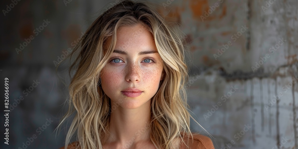 Young woman with freckles in a natural light portrait, looking serene and confident Young woman with freckles in a natural light portrait, looking serene and confident