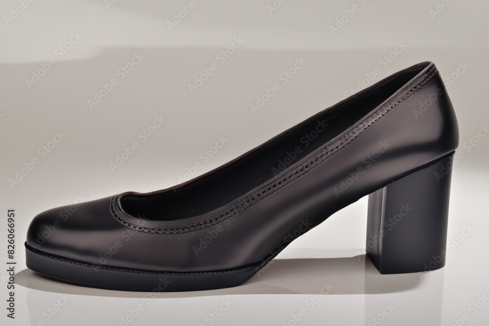 women's shoes. a classic black shoe stands on a gray background, close-up shoe concept women's shoes. a classic black shoe stands on a gray background, close-up shoe concept