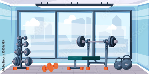 Fitness gym interior background. Gymnasium room with sport equipment for workout cartoon vector illustration. Treadmill, dumbbells, bench with barbell in empty sport club. Bodybuilding, weightlifting