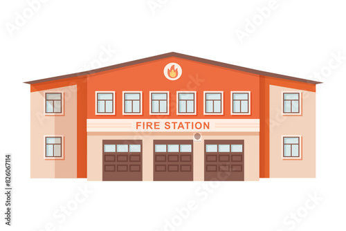 Fire station building vector illustration. Modern firehouse facade. Front view of entrance in fire department. Public urban infrastructure infographics