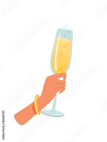 Woman hand with glass of alcohol cocktail or drink vector illustration isolated on white background. Female holds goblet with champagne. People celebrating with toasts and cheering. Party time