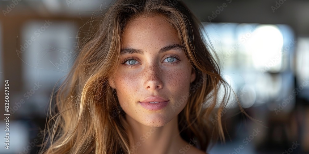 A detailed view of a woman with freckles and long hair, illuminated by natural light