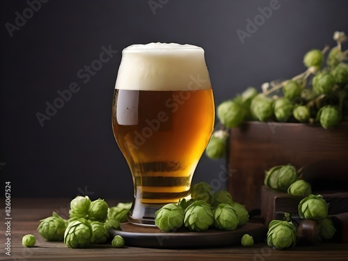 A glass of beer with hops and hops on a table InternationalBeerDay photo