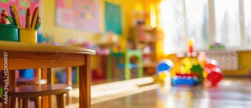 Kindergarten room with children, blurred image