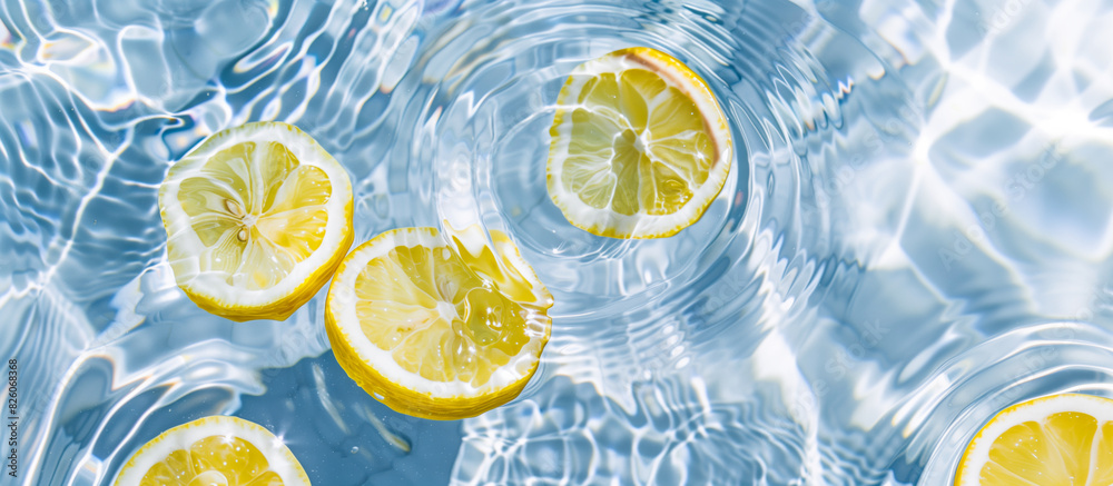 Sliced Lemons in Water: Fresh Lemon Slices Floating in Clear Blue Pool Water - Refreshing Healthy Summer Background with Vibrant Yellow Citrus Fruits - Creative Summer Refreshment Concept Sliced Lemons in Water: Fresh Lemon Slices Floating in Clear Blue Pool Water - Refreshing Healthy Summer Background with Vibrant Yellow Citrus Fruits - Creative Summer Refreshment Concept