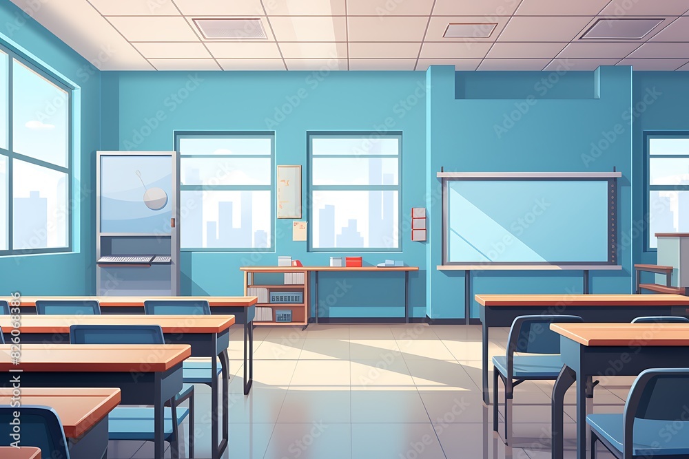 Interior of a school classroom in blue tones. 3D rendering