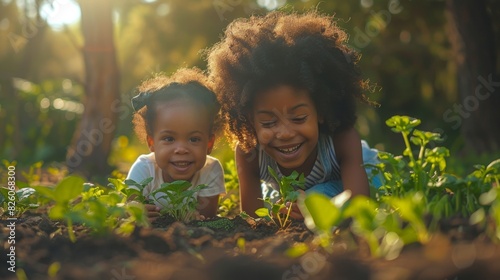 community gardening, two kids eagerly gardening with a joyful african american mentor in a sunny community garden, surrounded by growing vegetables, inspiring a passion for nature and sustainability photo