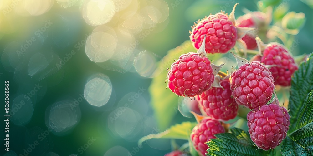 Close-up of ripe raspberries on a bush with a blurred green background Close-up of ripe raspberries on a bush with a blurred green background
