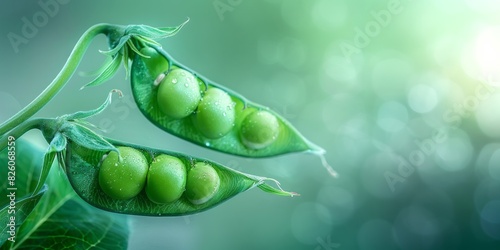Close-up of fresh green pea pods on a bush with a blurred light green background