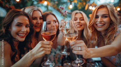 Girlfriends Enjoying at Cafe: Fashionable ladies raising their wine glasses in a toast, savoring their time together at an al fresco cafe. Embracing the concept of friendship
