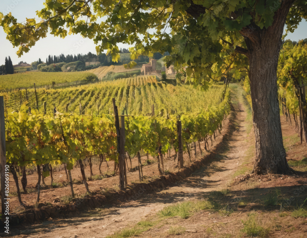 Naklejka premium La quiete della campagna toscana è interrotta solo dal fruscio delle foglie e dal canto degli uccelli.