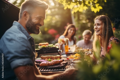 Grilled meat on barbecue grill with friends in background at sunset.