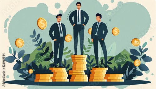 Vector illustration of businessman proudly standing on the huge money staircase. Flat style business concept