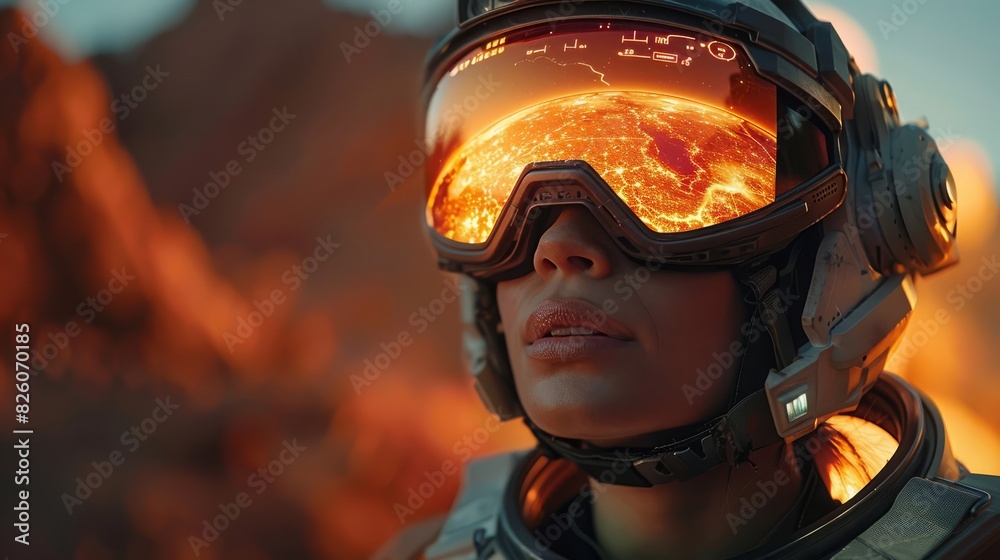 Virtual reality space exploration, astronaut interacting with Mars simulation Virtual reality space exploration, astronaut interacting with Mars simulation