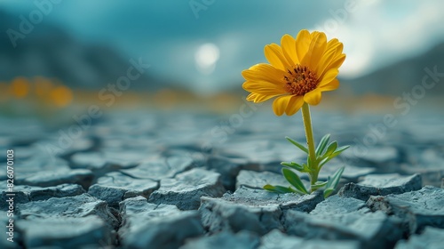 A yellow flower is growing in the middle of a rocky, dry desert. The flower is small and fragile, but it is determined to grow in the harsh environment. Concept of resilience and hope