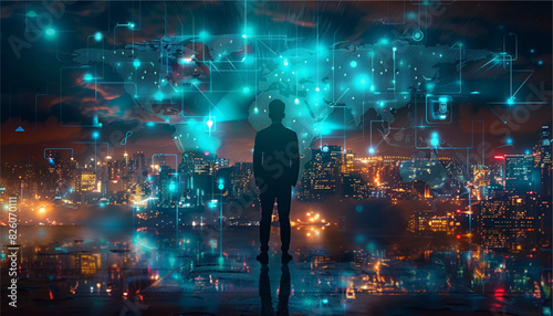 Rear view of a businessman looking at large network and city holograms in the air in front of him. Toned image. vector