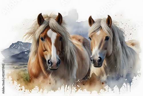 Icelandic horses in watercolor style photo